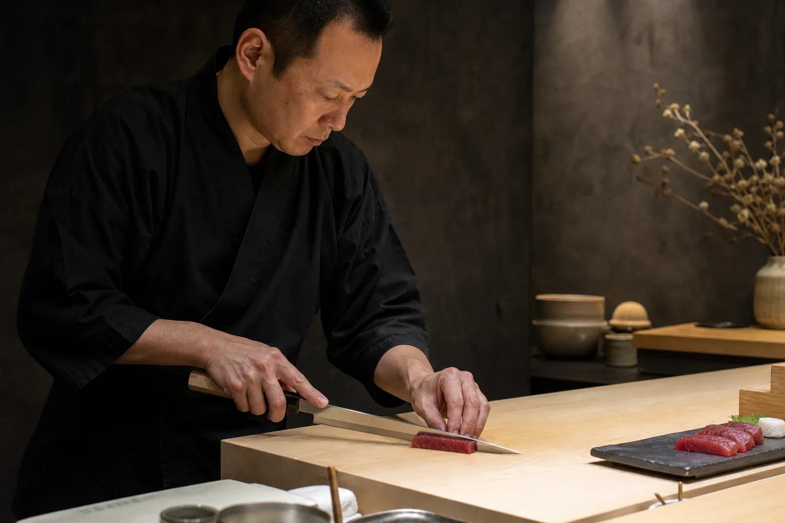 Chef Ren carefully slicing tuna at the counter