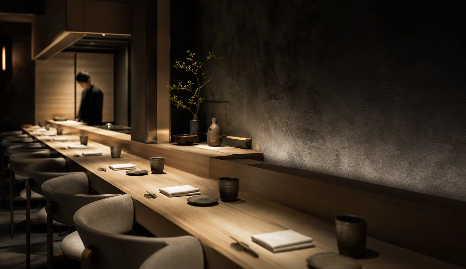 Kuro Hana's counter glowing in the evening
