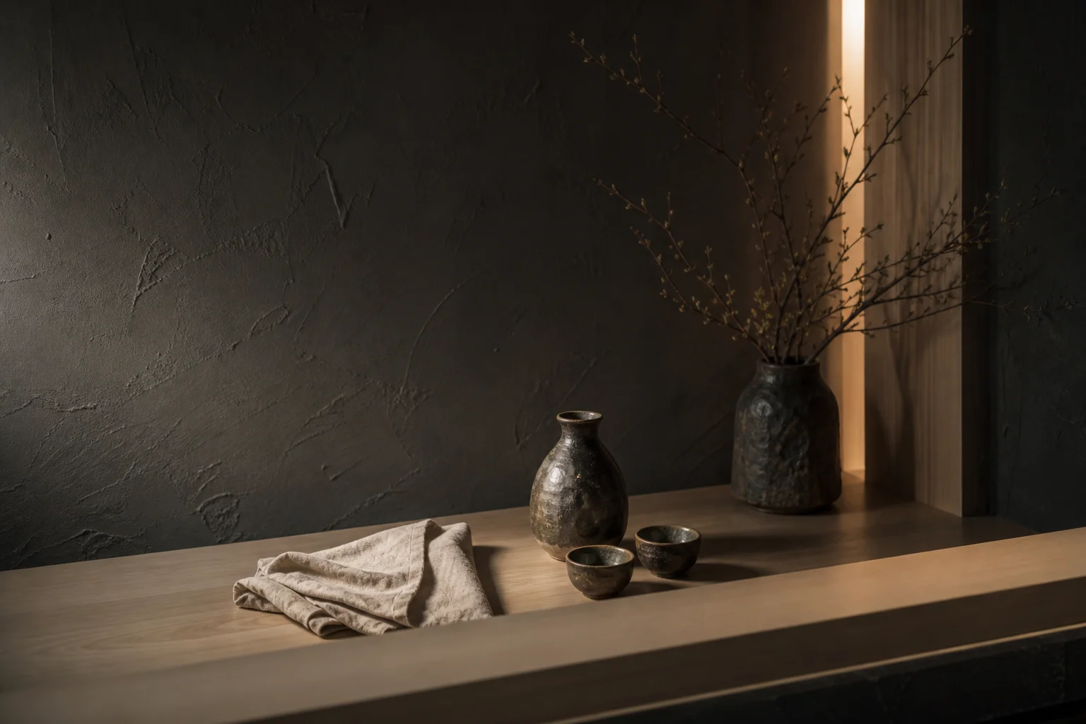 Sake vessels in a quiet Kuro Hana alcove